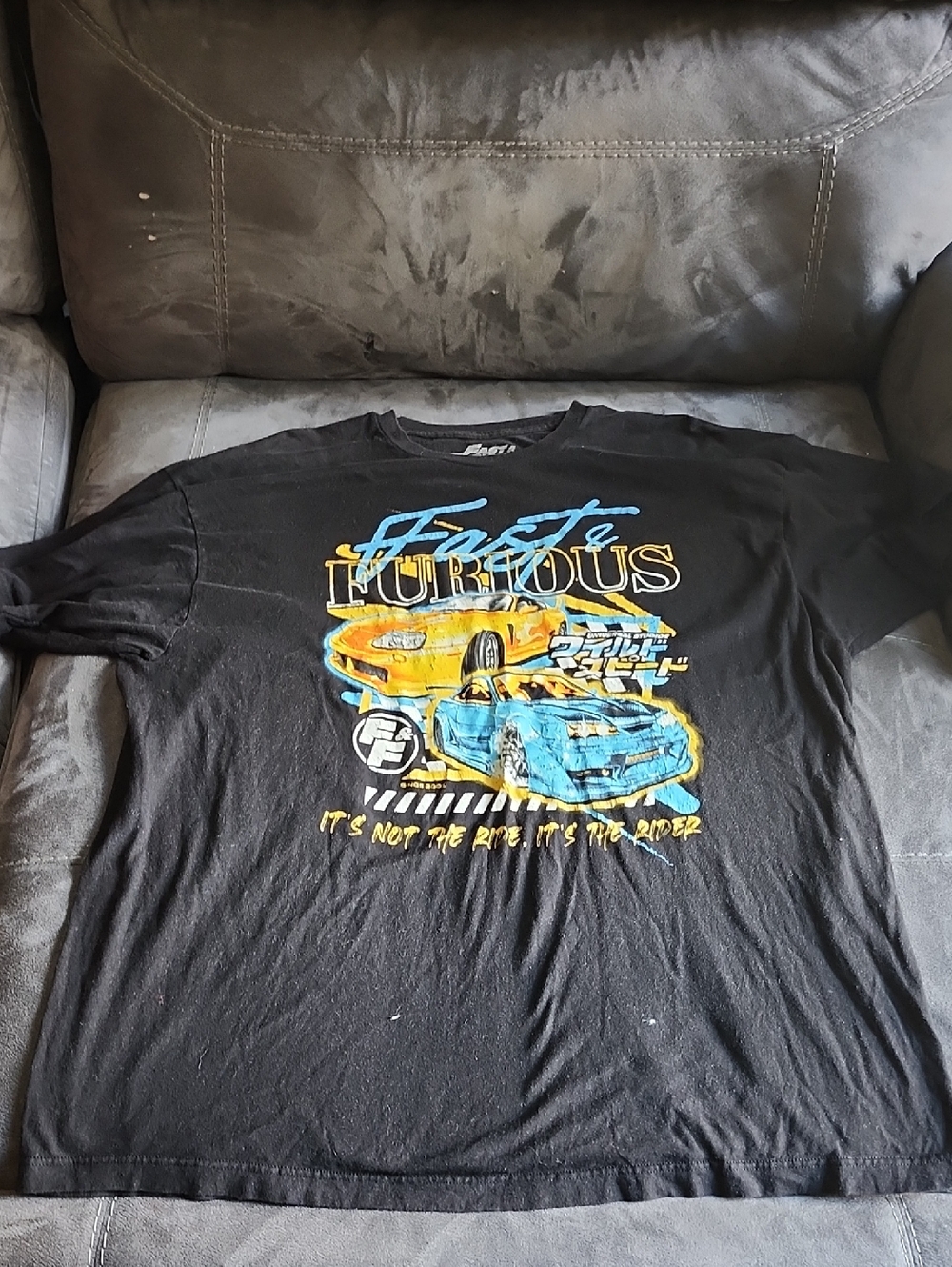 Universal Fast & Furious Black Tee with Yellow & Blue Accents With Litte Hole